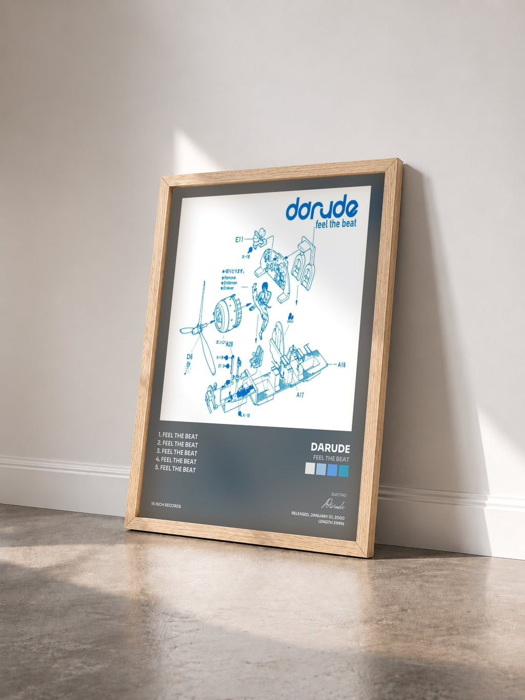 #bois Tableau de l'album Feel the Beat de Darude vu de trois quarts, cadre en bois brut