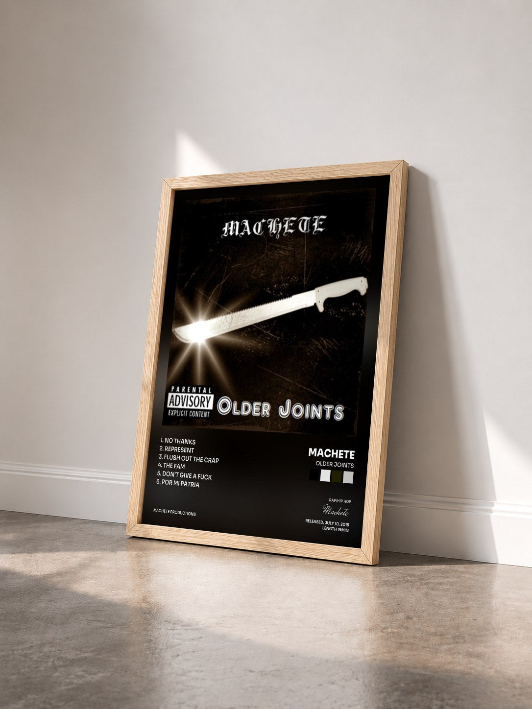 #bois Tableau de l'album Older Joints de Machete vu de trois quarts, cadre en bois brut