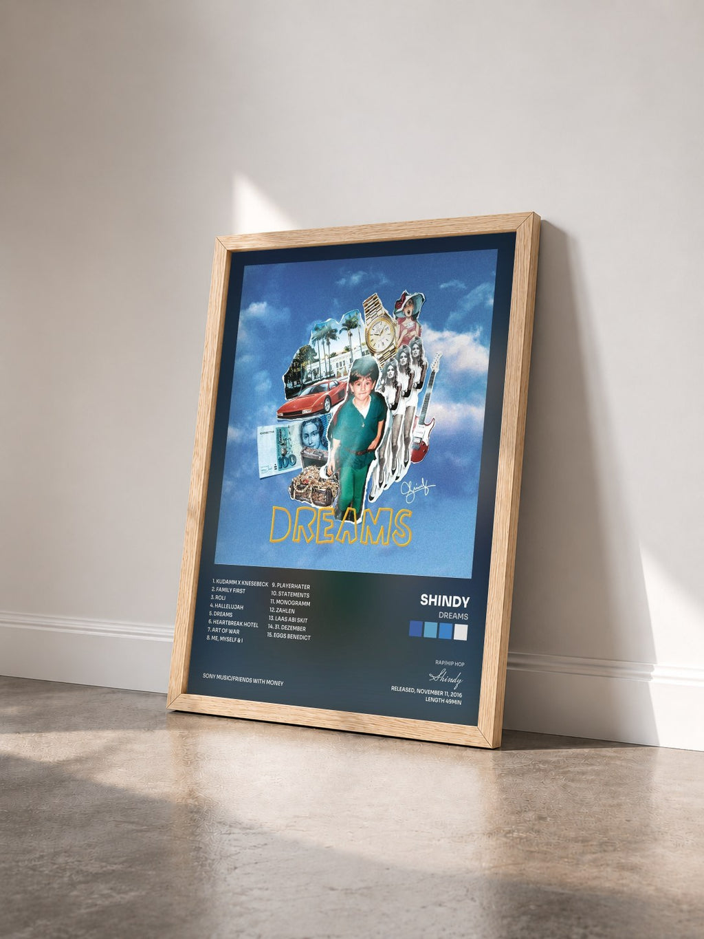#bois Tableau de l'album DREAMS de Shindy vu de trois quarts, cadre en bois brut