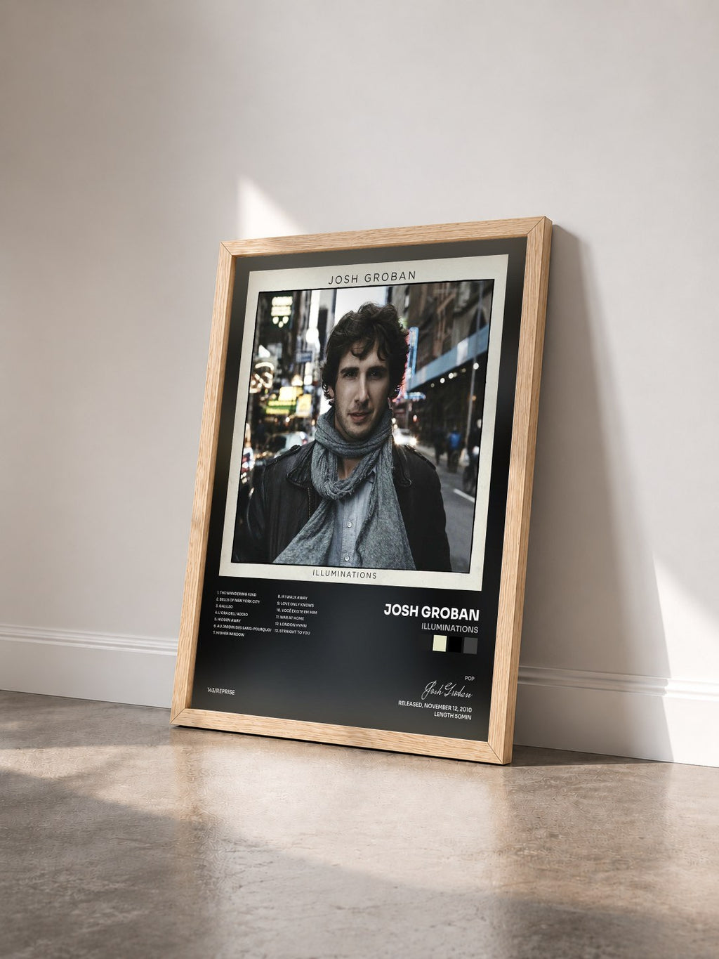 #bois Tableau de l'album Illuminations de Josh Groban vu de trois quarts, cadre en bois brut