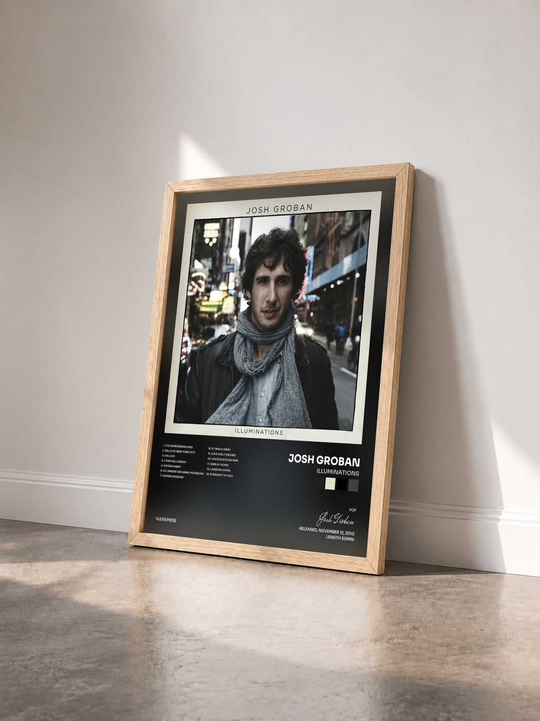 #bois Tableau de l'album Illuminations de Josh Groban vu de trois quarts, cadre en bois brut