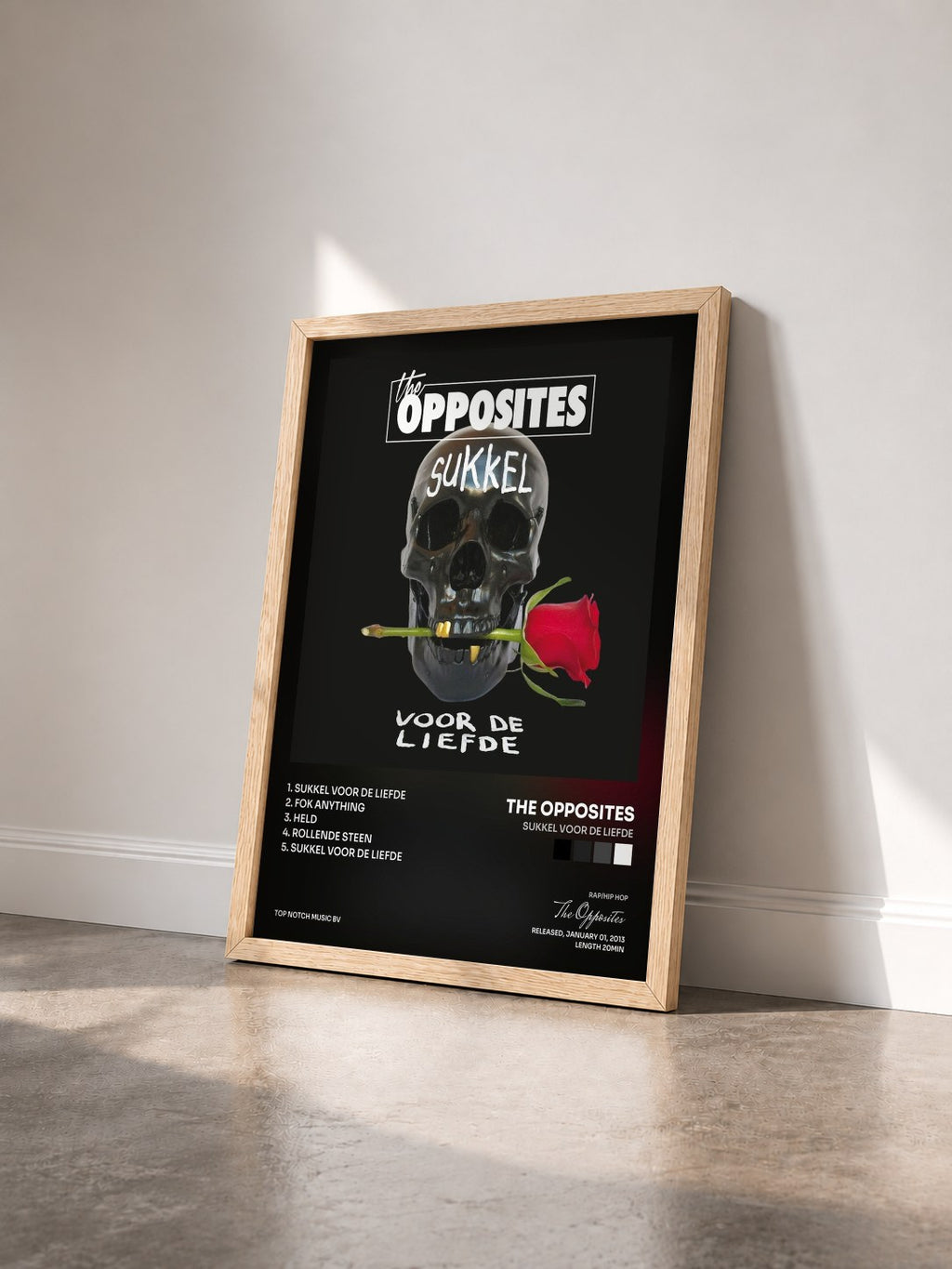 #bois Tableau de l'album Sukkel Voor De Liefde de The Opposites vu de trois quarts, cadre en bois brut