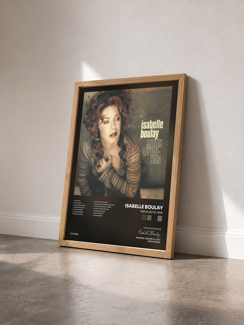#bois Tableau de l'album Mieux qu'ici-bas de Isabelle Boulay vu de trois quarts, cadre en bois brut