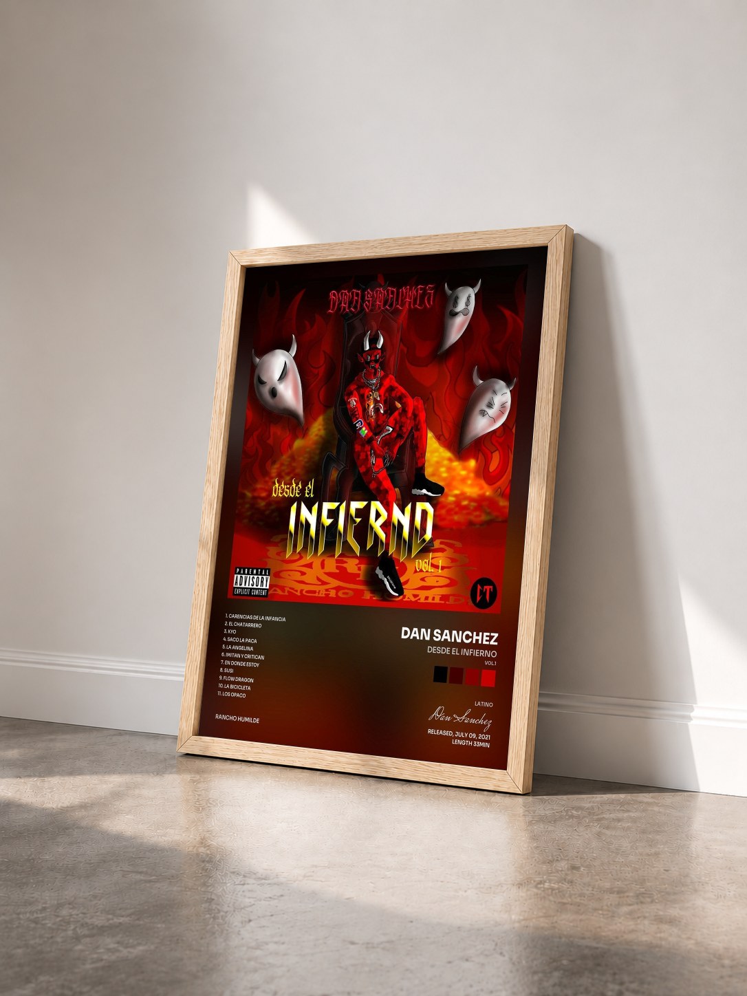 #bois Tableau de l'album Desde El Infierno (Vol.1) de Dan Sanchez vu de trois quarts, cadre en bois brut