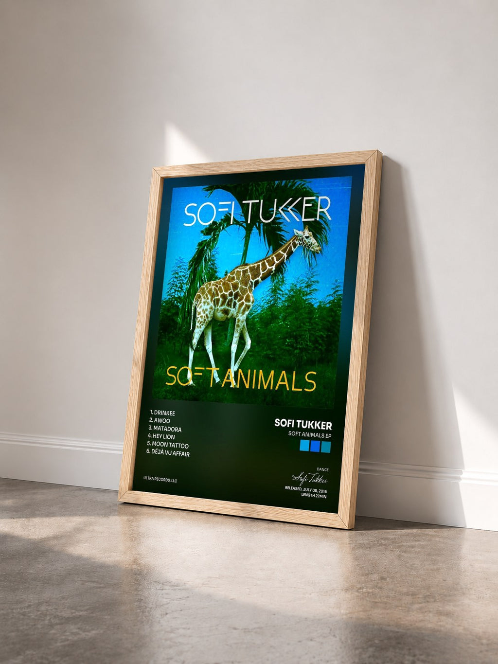 #bois Tableau de l'album Soft Animals EP de Sofi Tukker vu de trois quarts, cadre en bois brut