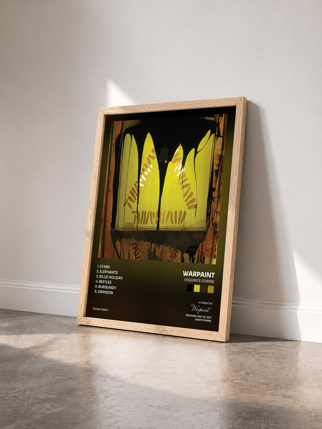 #bois Tableau de l'album Exquisite Corpse de Warpaint vu de trois quarts, cadre en bois brut