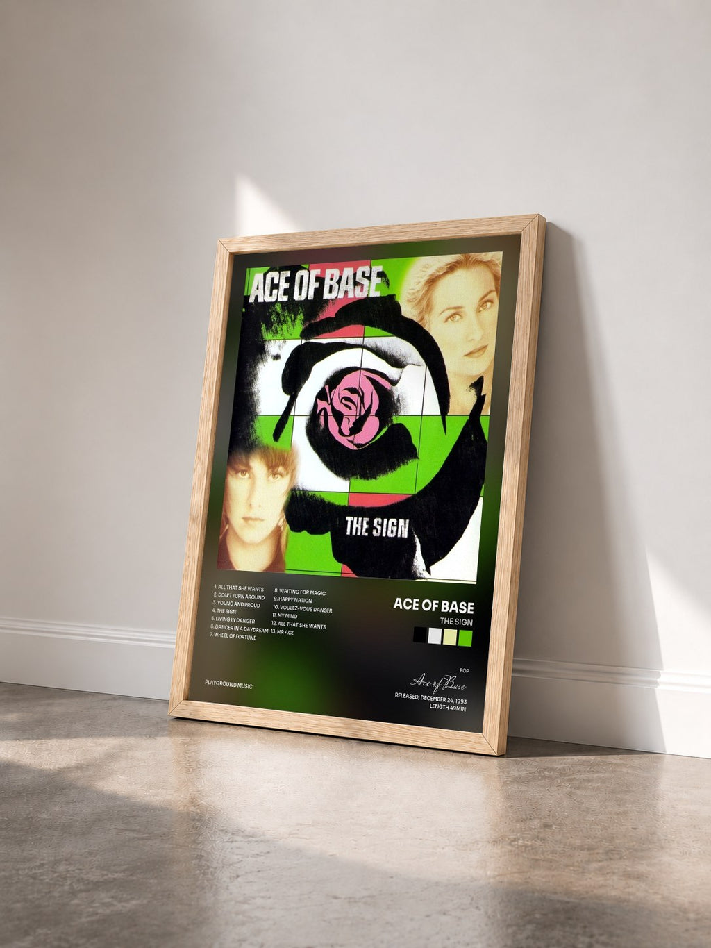 #bois Tableau de l'album The Sign de Ace of Base vu de trois quarts, cadre en bois brut