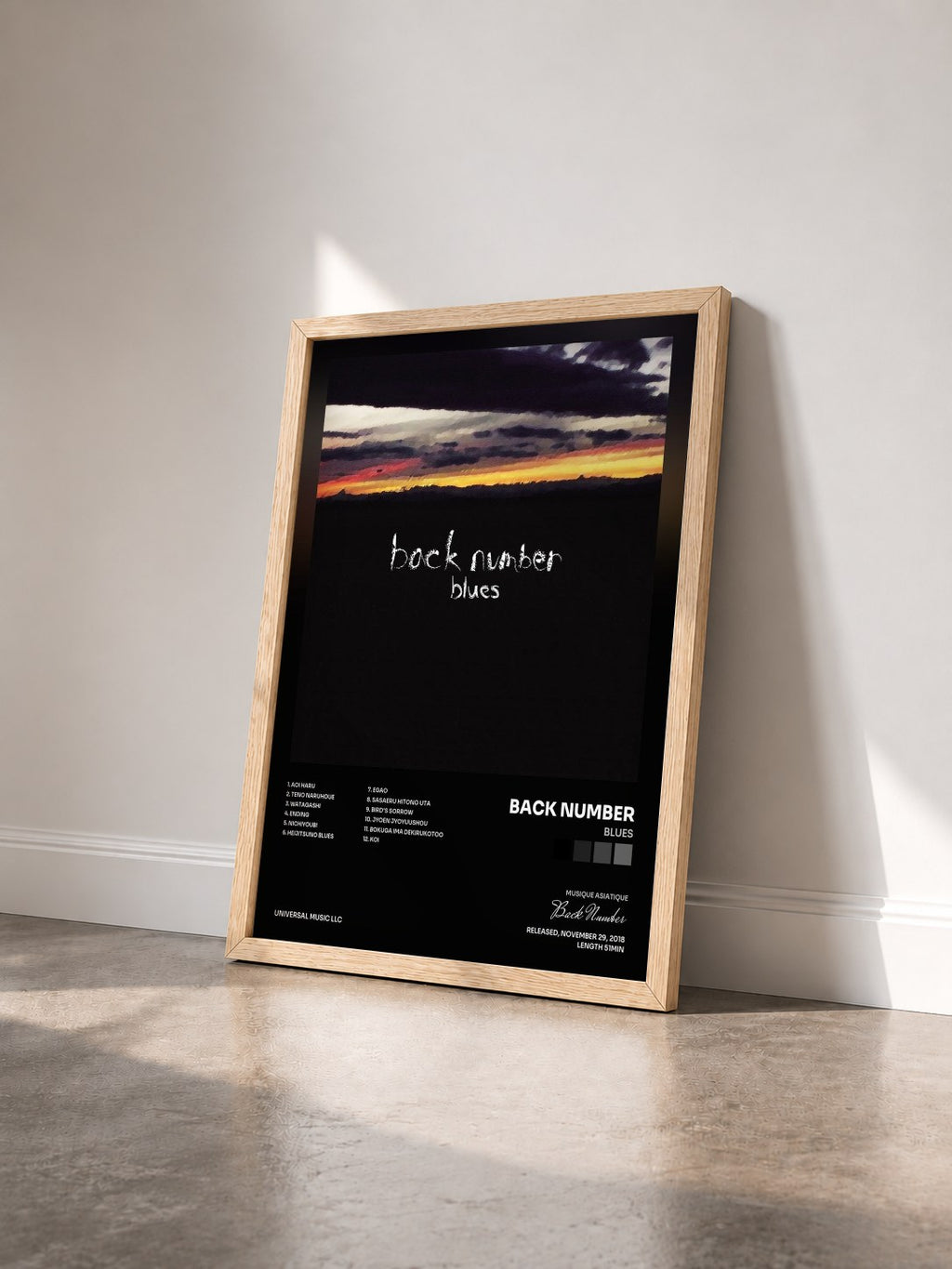 #bois Tableau de l'album Blues de Back Number vu de trois quarts, cadre en bois brut