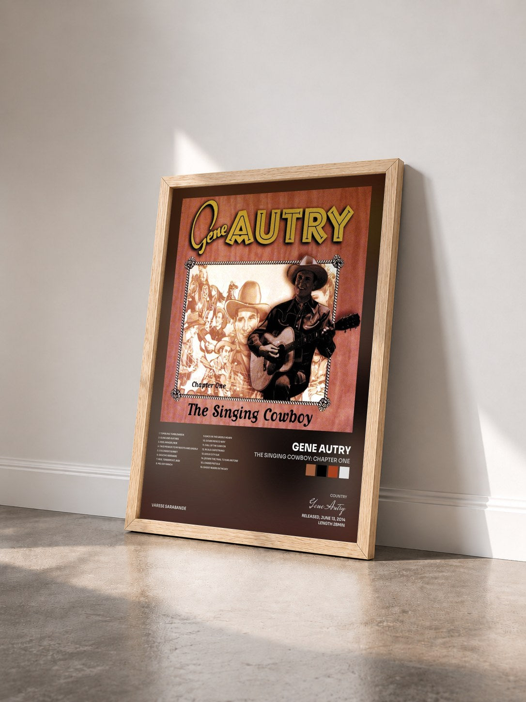 #bois Tableau de l'album The Singing Cowboy: Chapter One de Gene Autry vu de trois quarts, cadre en bois brut