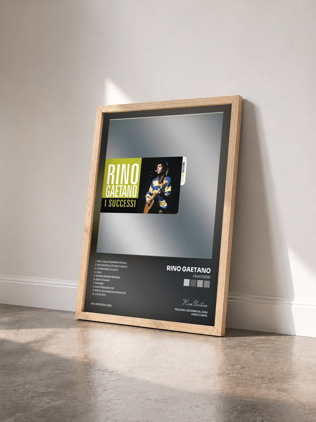 #bois Tableau de l'album I Successi de Rino Gaetano vu de trois quarts, cadre en bois brut