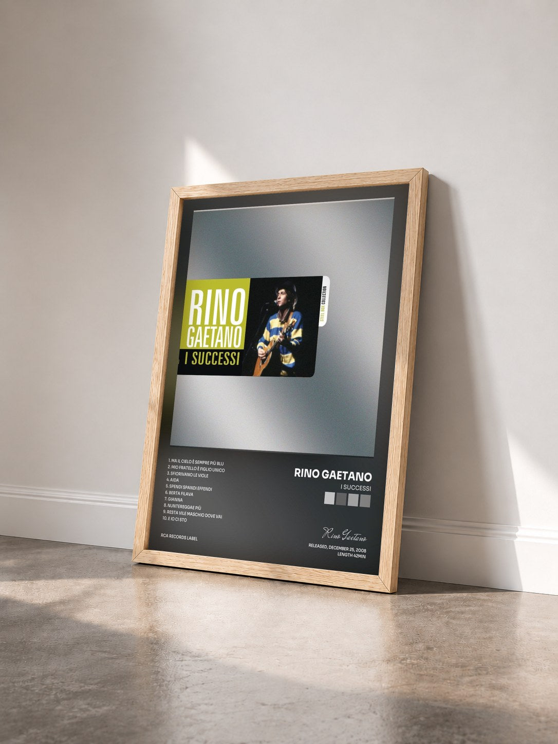 #bois Tableau de l'album I Successi de Rino Gaetano vu de trois quarts, cadre en bois brut
