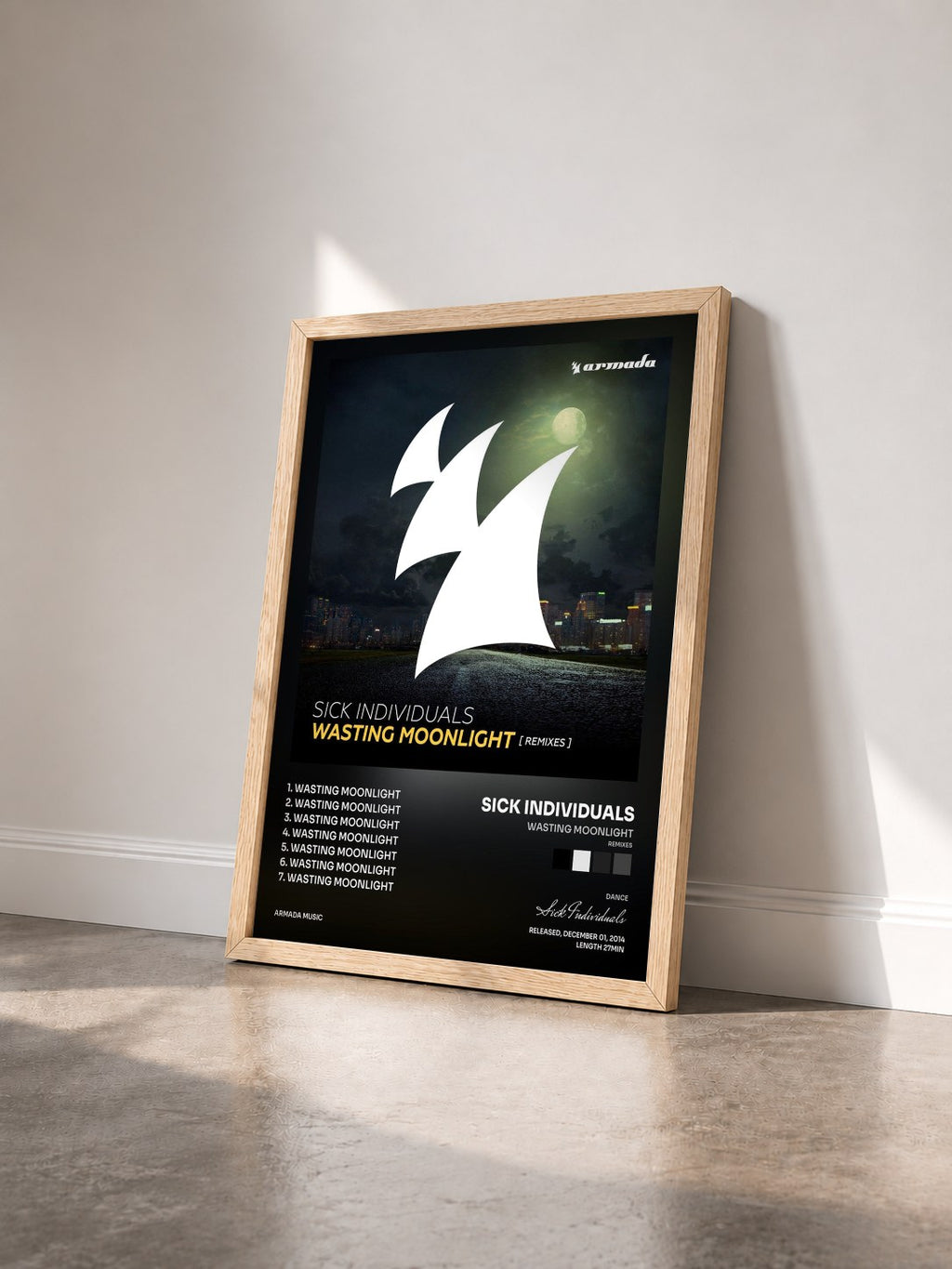 #bois Tableau de l'album Wasting Moonlight (Remixes) de Sick Individuals vu de trois quarts, cadre en bois brut