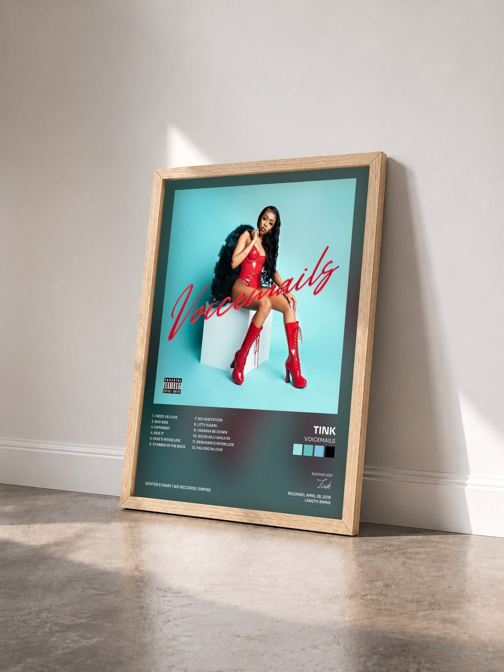 #bois Tableau de l'album Voicemails de Tink vu de trois quarts, cadre en bois brut