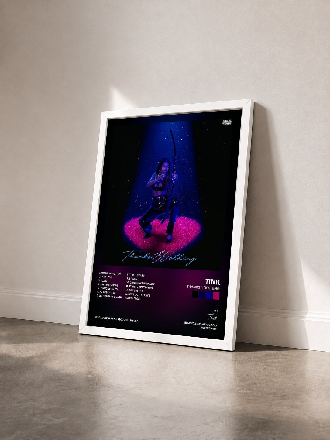 #blanc Tableau de l'album Thanks 4 Nothing de Tink vu de trois quarts, cadre blanc