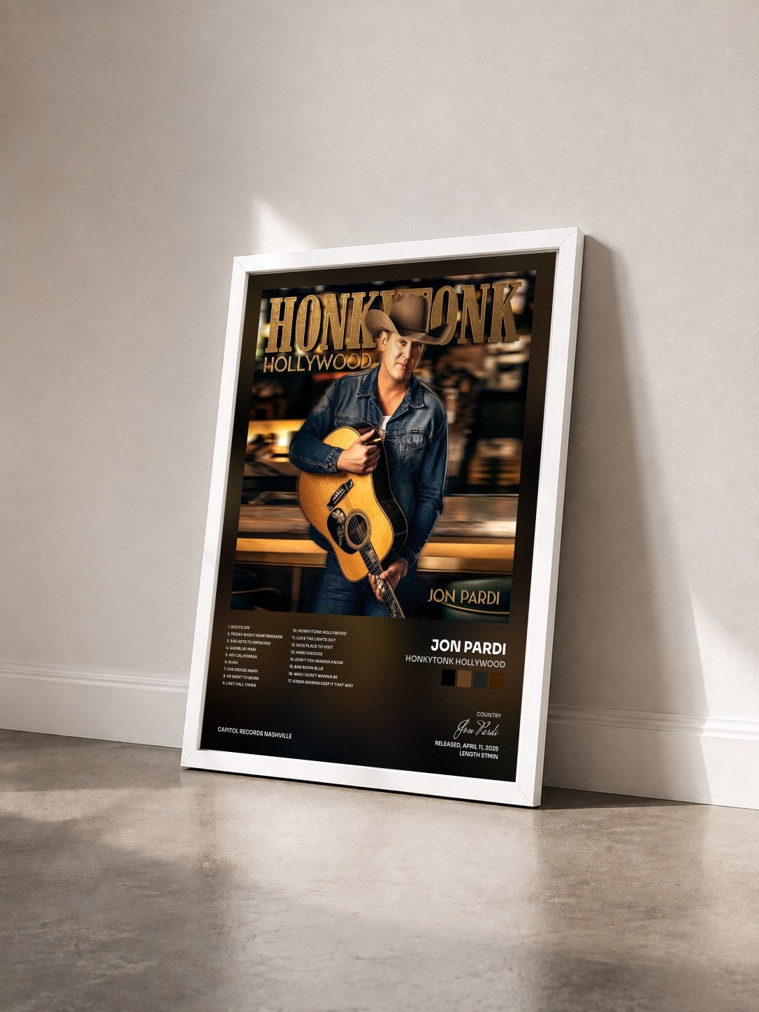 #blanc Tableau de l'album Honkytonk Hollywood de Jon Pardi vu de trois quarts, cadre blanc