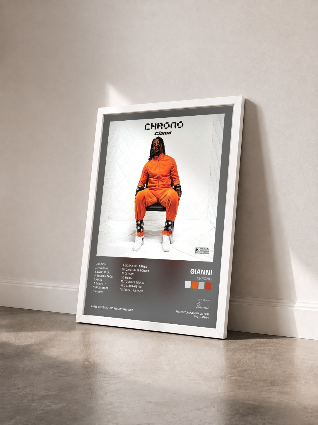 #blanc Tableau de l'album Chrono de Gianni vu de trois quarts, cadre blanc