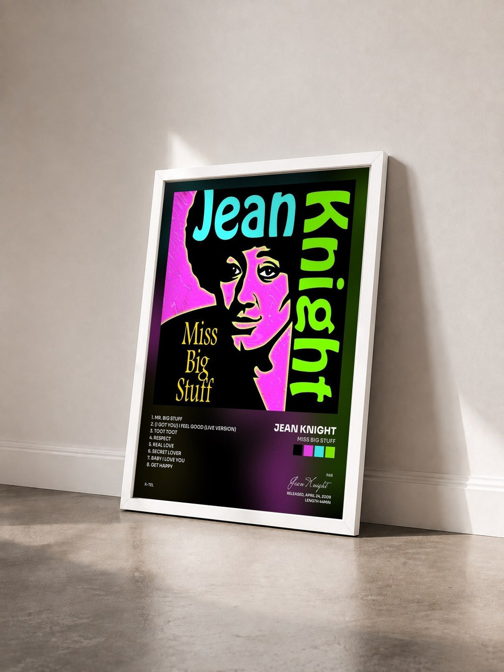 #blanc Tableau de l'album Miss Big Stuff de Jean Knight vu de trois quarts, cadre blanc