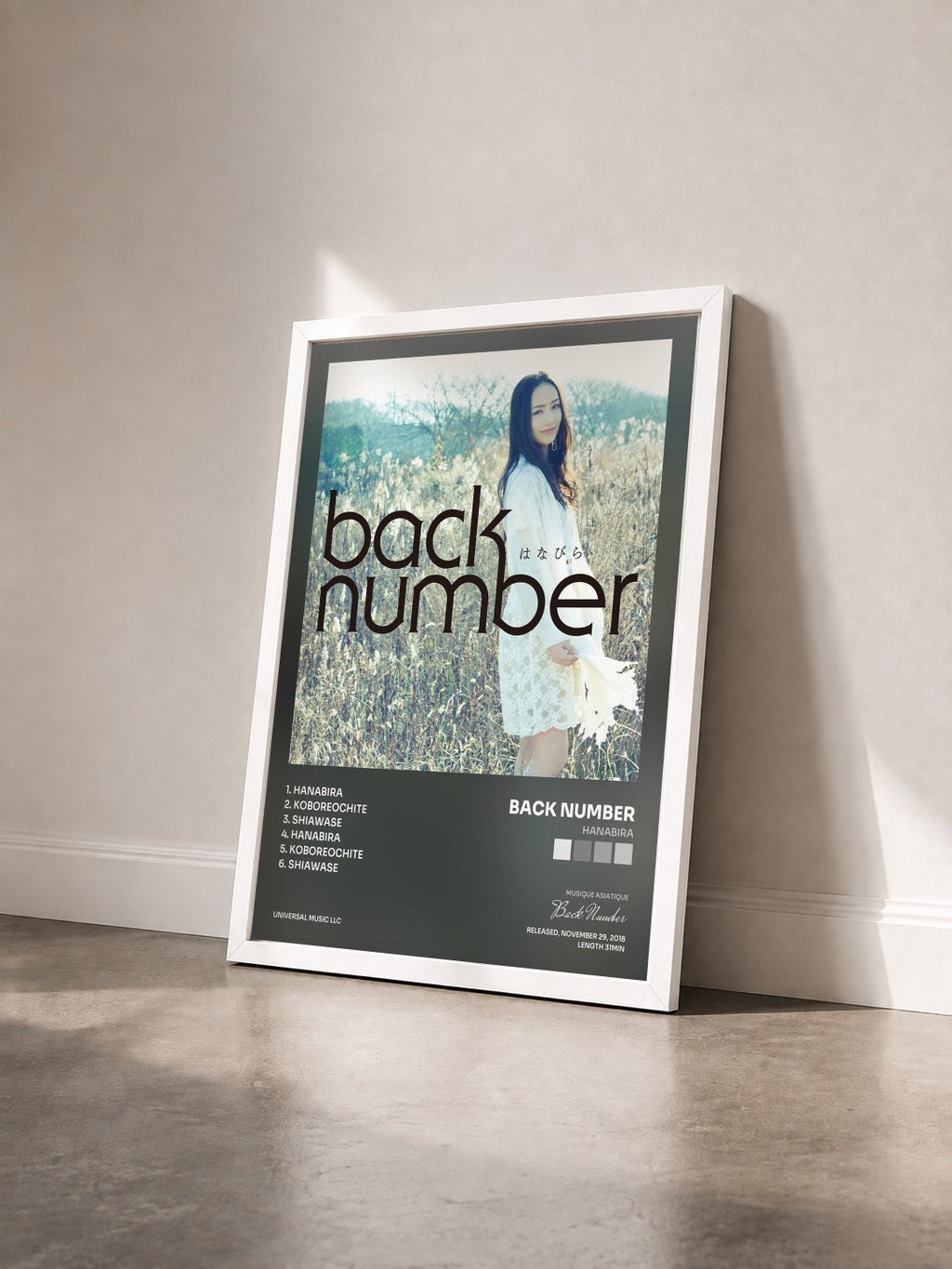 #blanc Tableau de l'album Hanabira de Back Number vu de trois quarts, cadre blanc