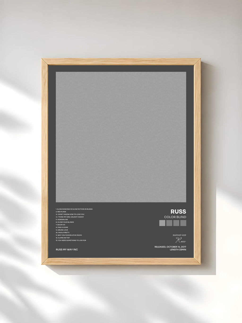 #bois Tableau de l'album Color Blind de Russ, cadre en bois brut, imprimé et encadré en France