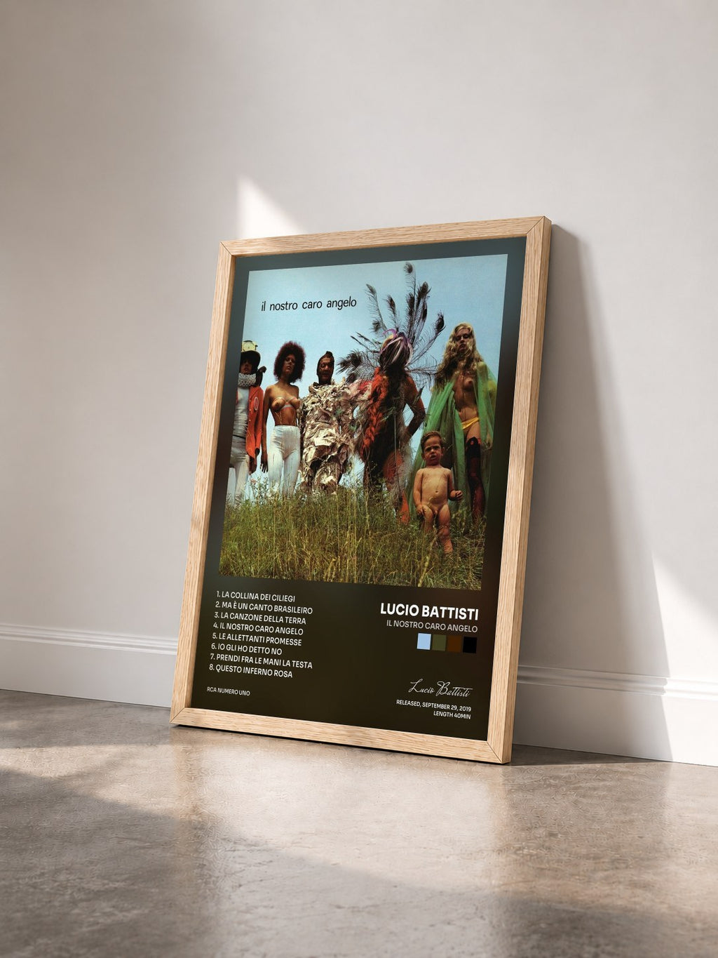 #bois Tableau de l'album Il nostro caro angelo de Lucio Battisti vu de trois quarts, cadre en bois brut