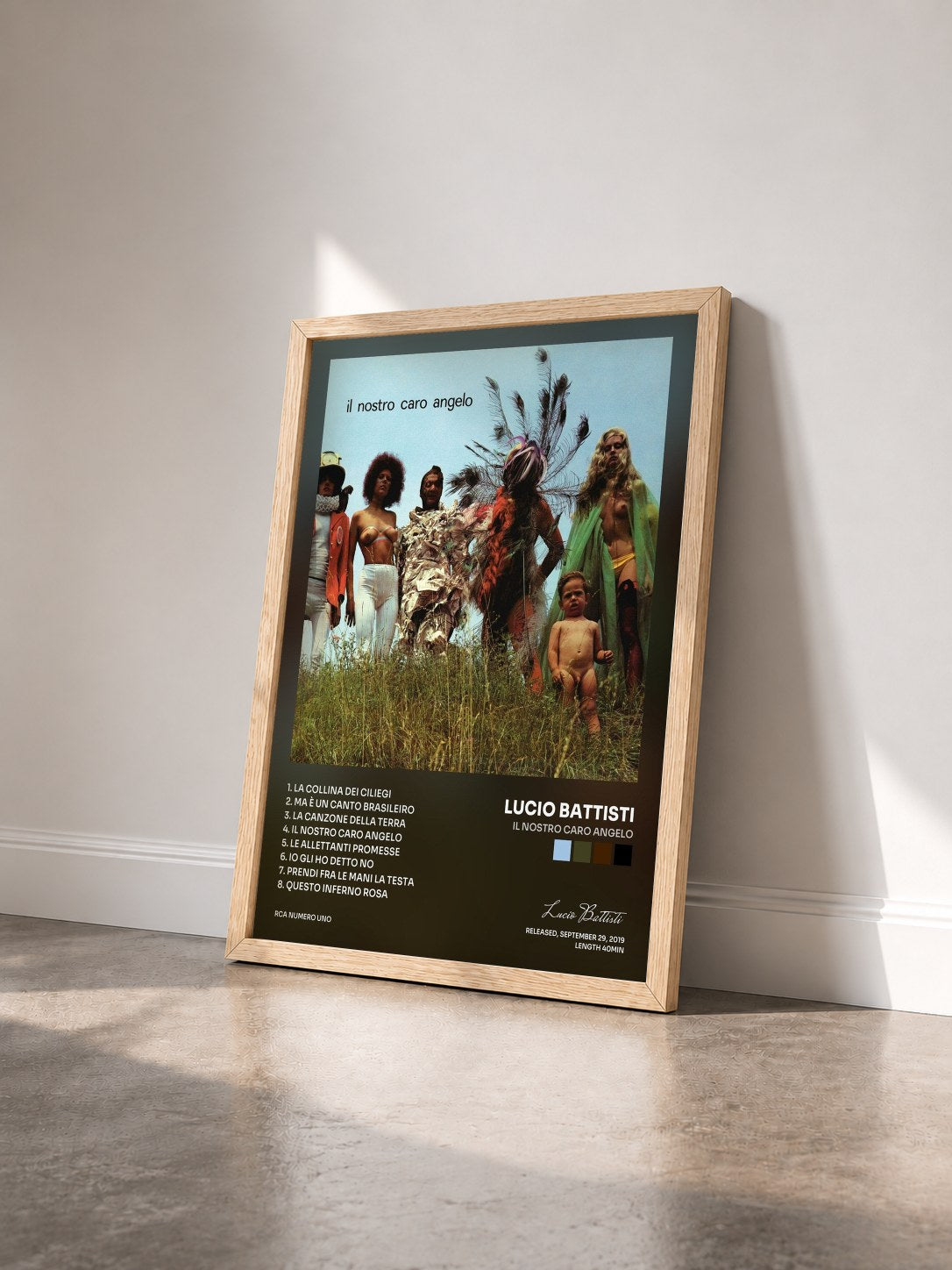#bois Tableau de l'album Il nostro caro angelo de Lucio Battisti vu de trois quarts, cadre en bois brut