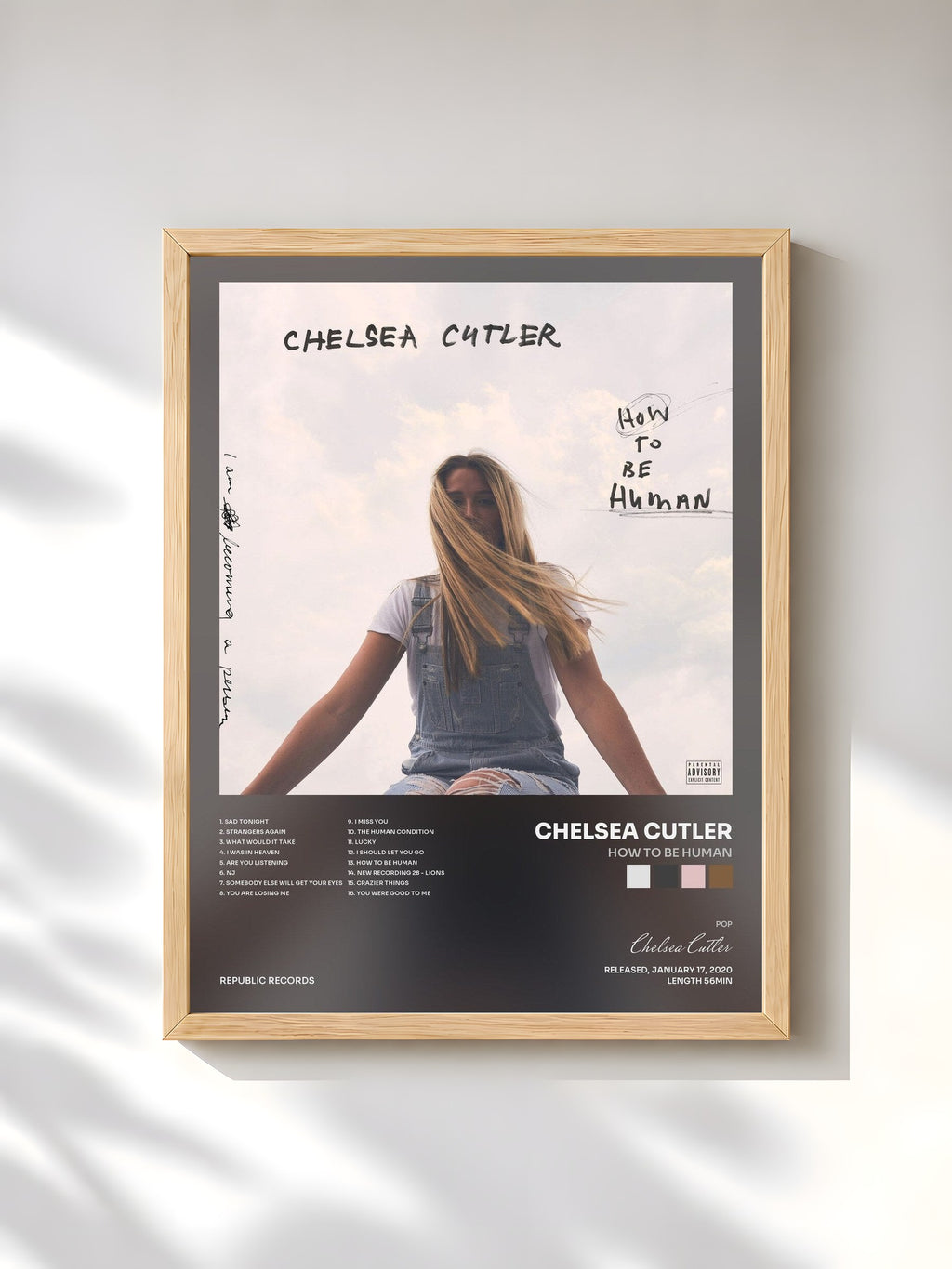 #bois Tableau de l'album How To Be Human de Chelsea Cutler, cadre en bois brut, imprimé et encadré en France