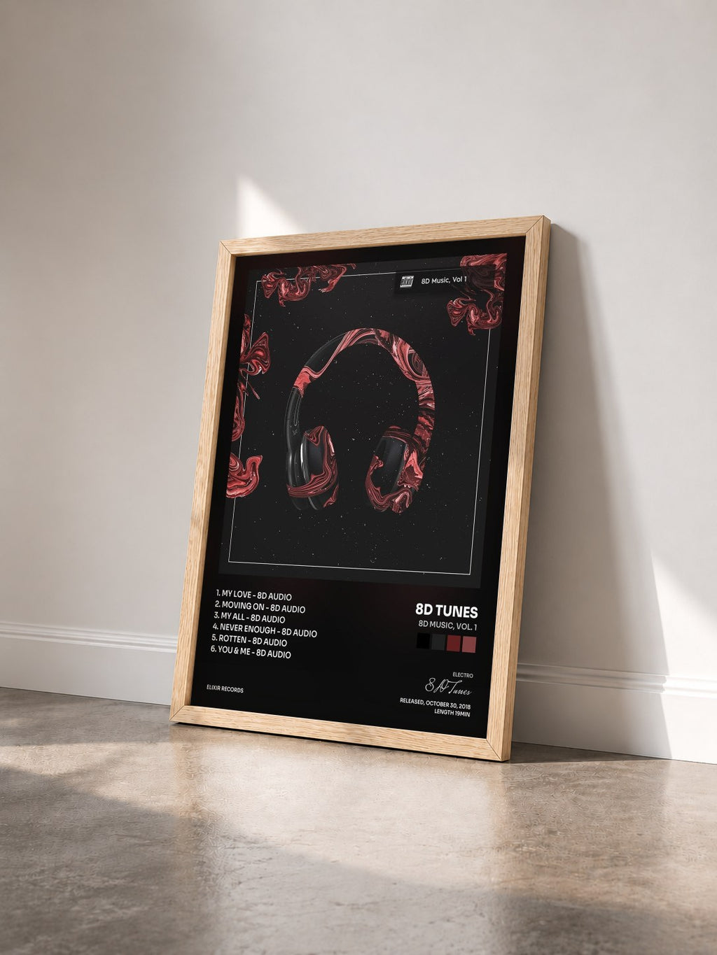 #bois Tableau de l'album 8D Music, Vol. 1 de 8D Tunes vu de trois quarts, cadre en bois brut