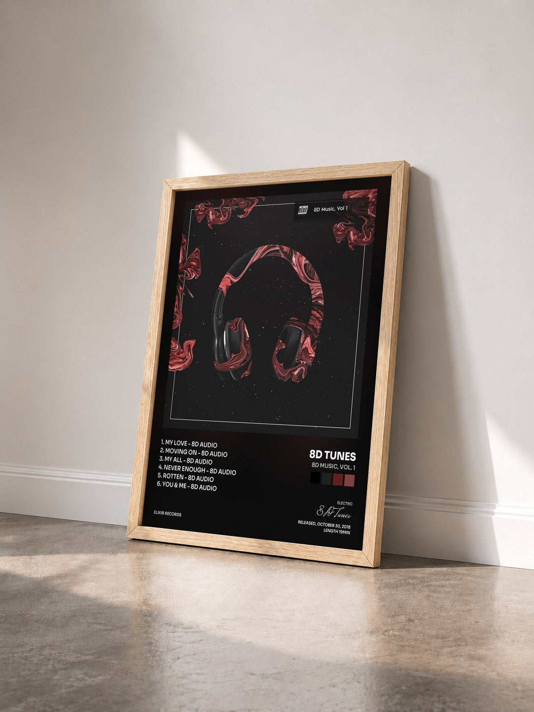 #bois Tableau de l'album 8D Music, Vol. 1 de 8D Tunes vu de trois quarts, cadre en bois brut