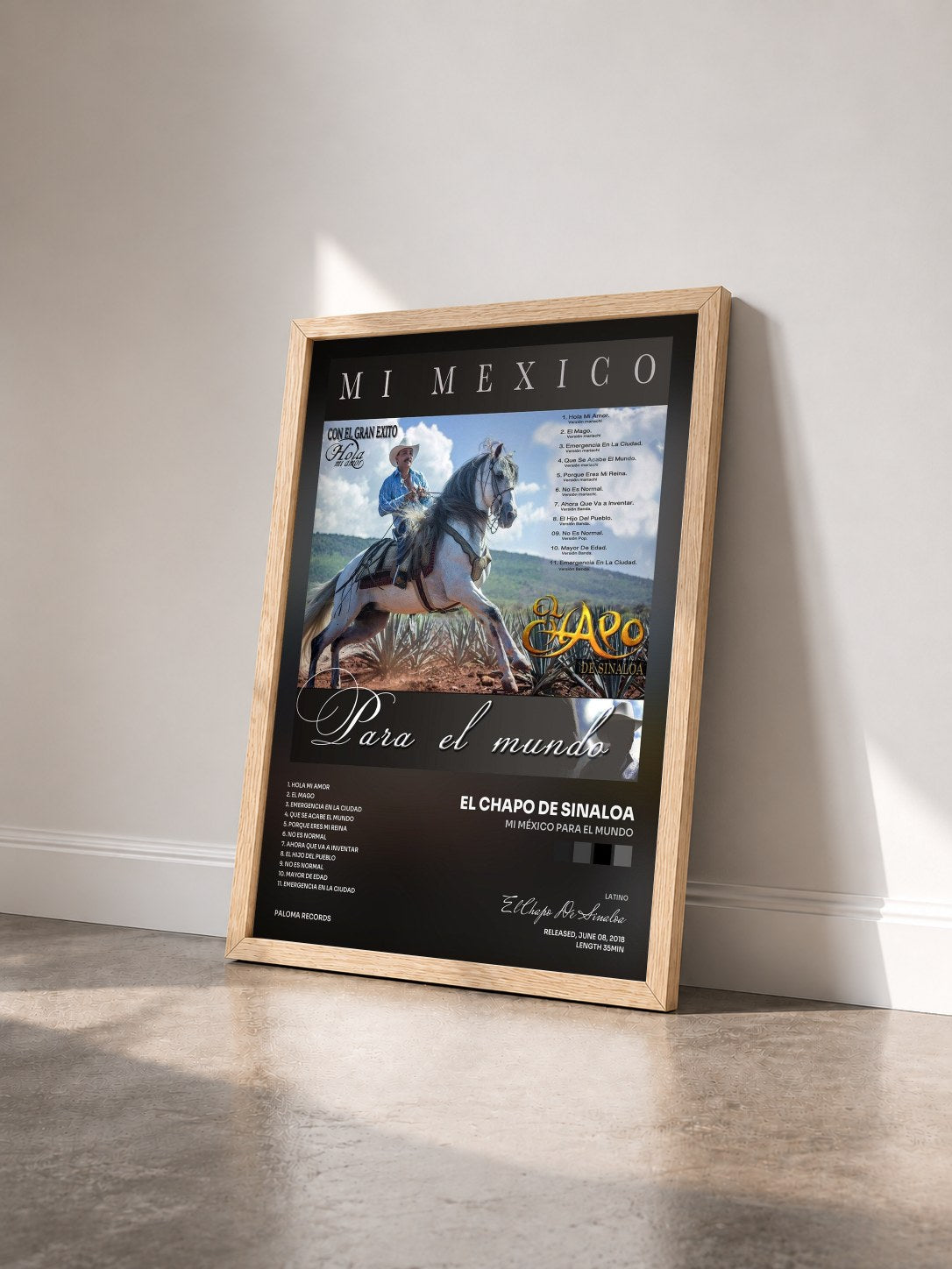 #bois Tableau de l'album Mi México Para El Mundo de El Chapo De Sinaloa vu de trois quarts, cadre en bois brut