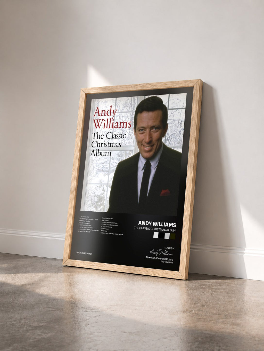 #bois Tableau de l'album The Classic Christmas Album de Andy Williams vu de trois quarts, cadre en bois brut