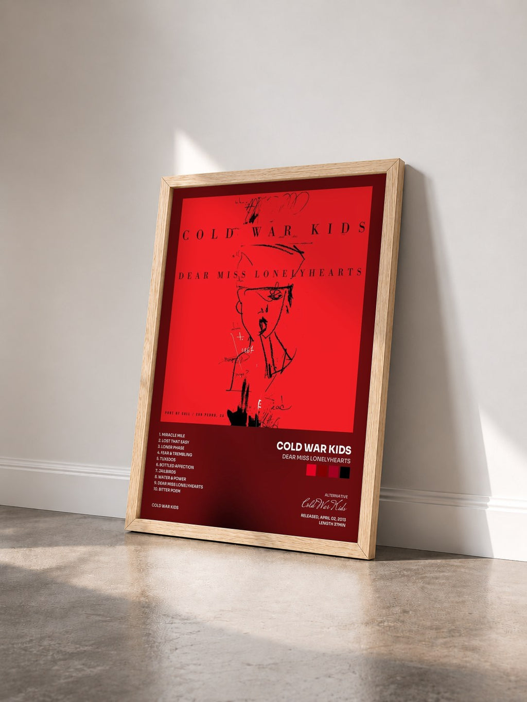#bois Tableau de l'album Dear Miss Lonelyhearts de Cold War Kids vu de trois quarts, cadre en bois brut