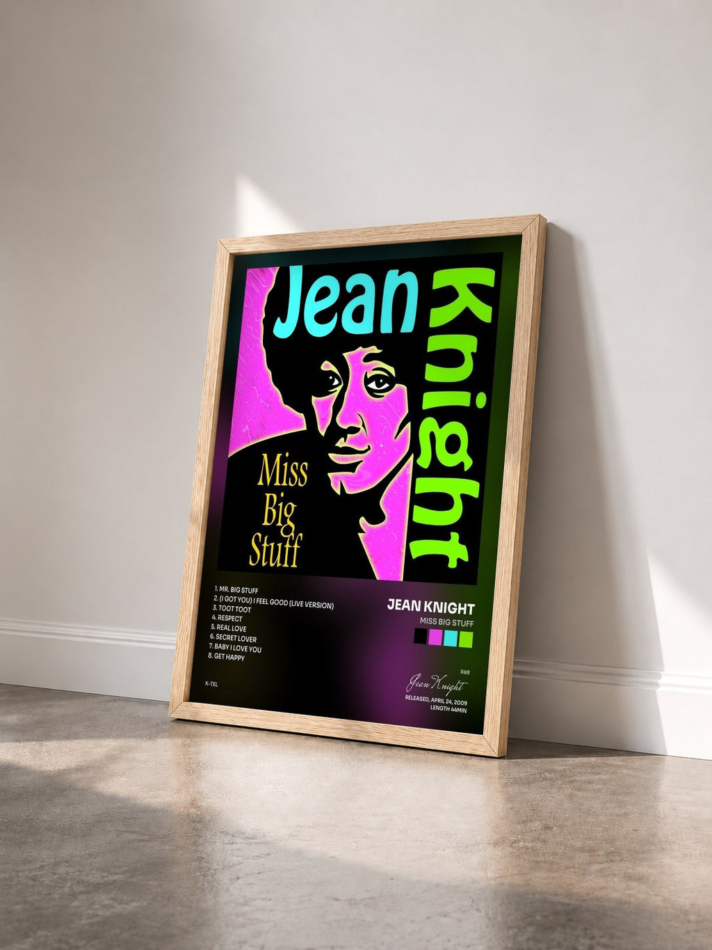 #bois Tableau de l'album Miss Big Stuff de Jean Knight vu de trois quarts, cadre en bois brut