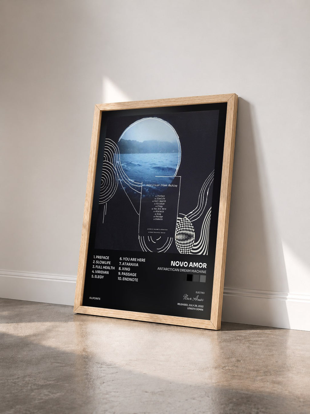 #bois Tableau de l'album Antarctican Dream Machine de Novo Amor vu de trois quarts, cadre en bois brut