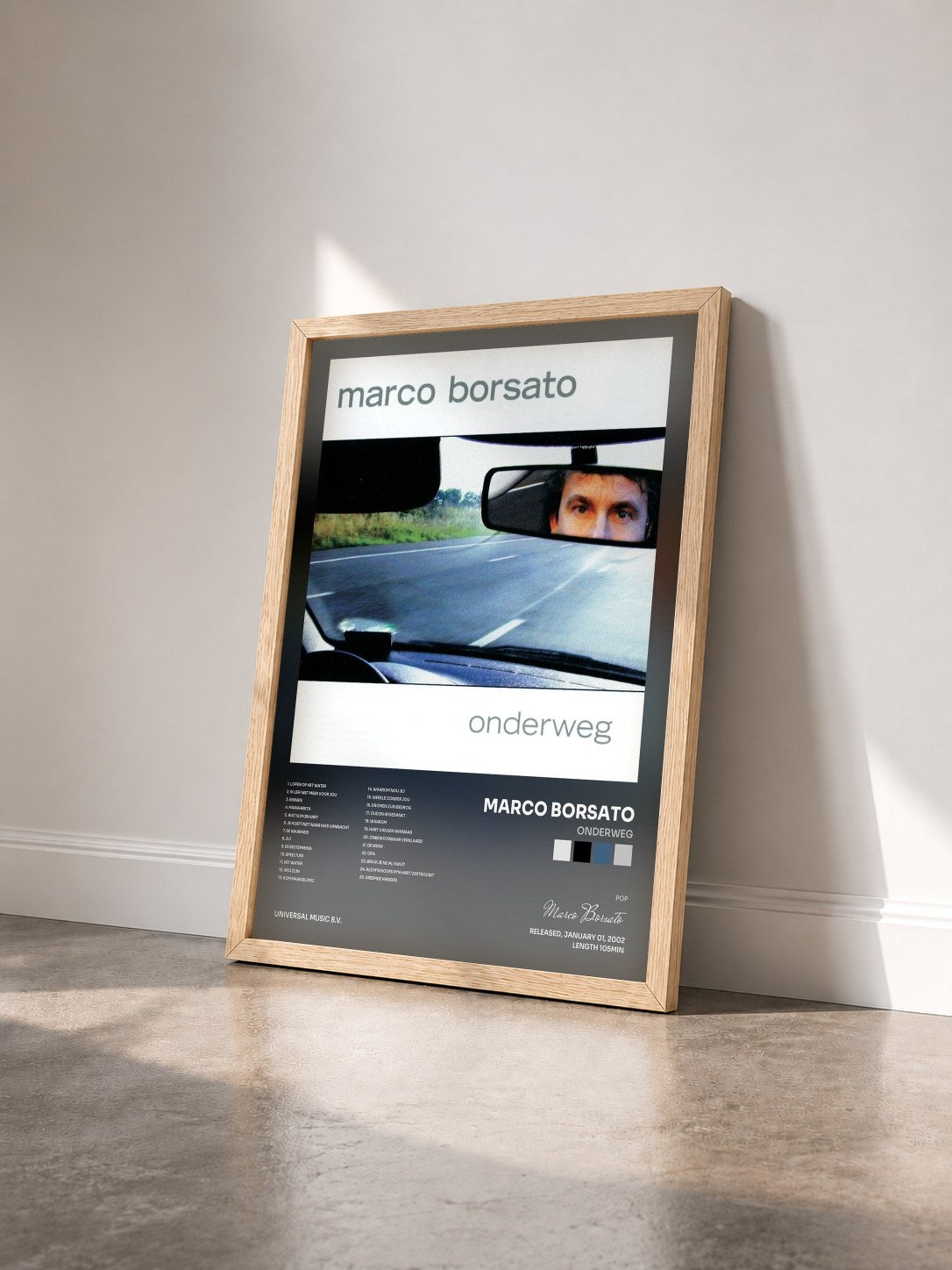 #bois Tableau de l'album Onderweg de Marco Borsato vu de trois quarts, cadre en bois brut