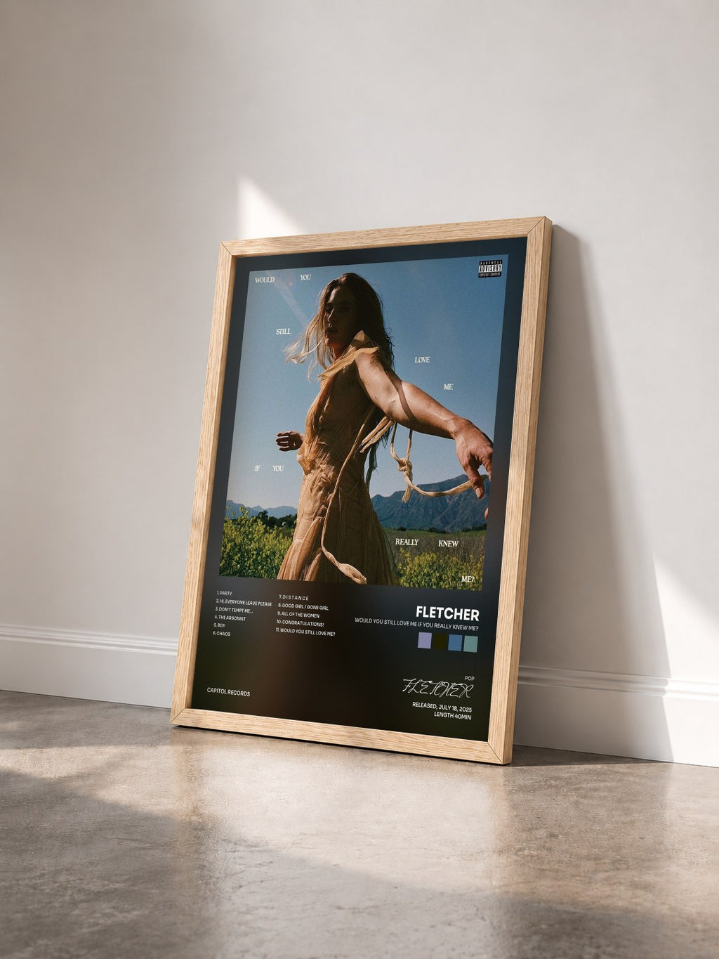 #bois Tableau de l'album Would You Still Love Me If You Really Knew Me? de FLETCHER vu de trois quarts, cadre en bois brut