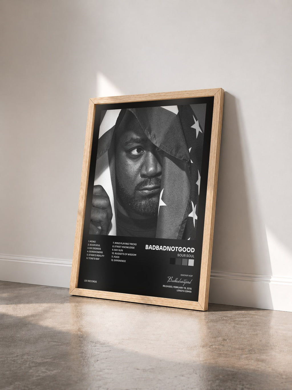 #bois Tableau de l'album Sour Soul de Badbadnotgood vu de trois quarts, cadre en bois brut
