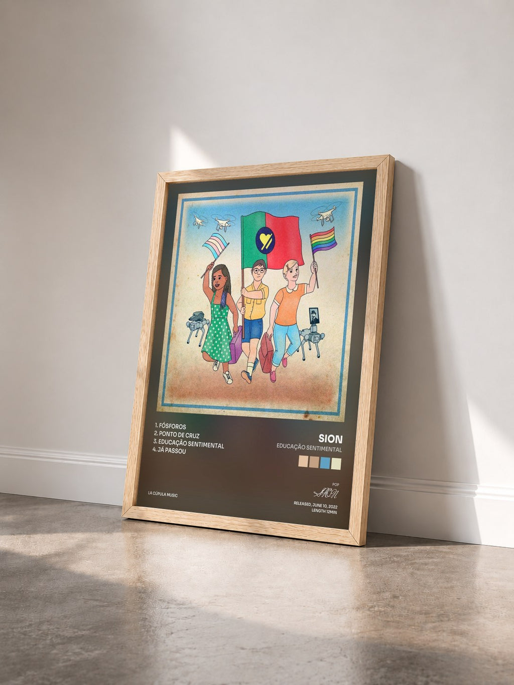 #bois Tableau de l'album Educação Sentimental de SION vu de trois quarts, cadre en bois brut