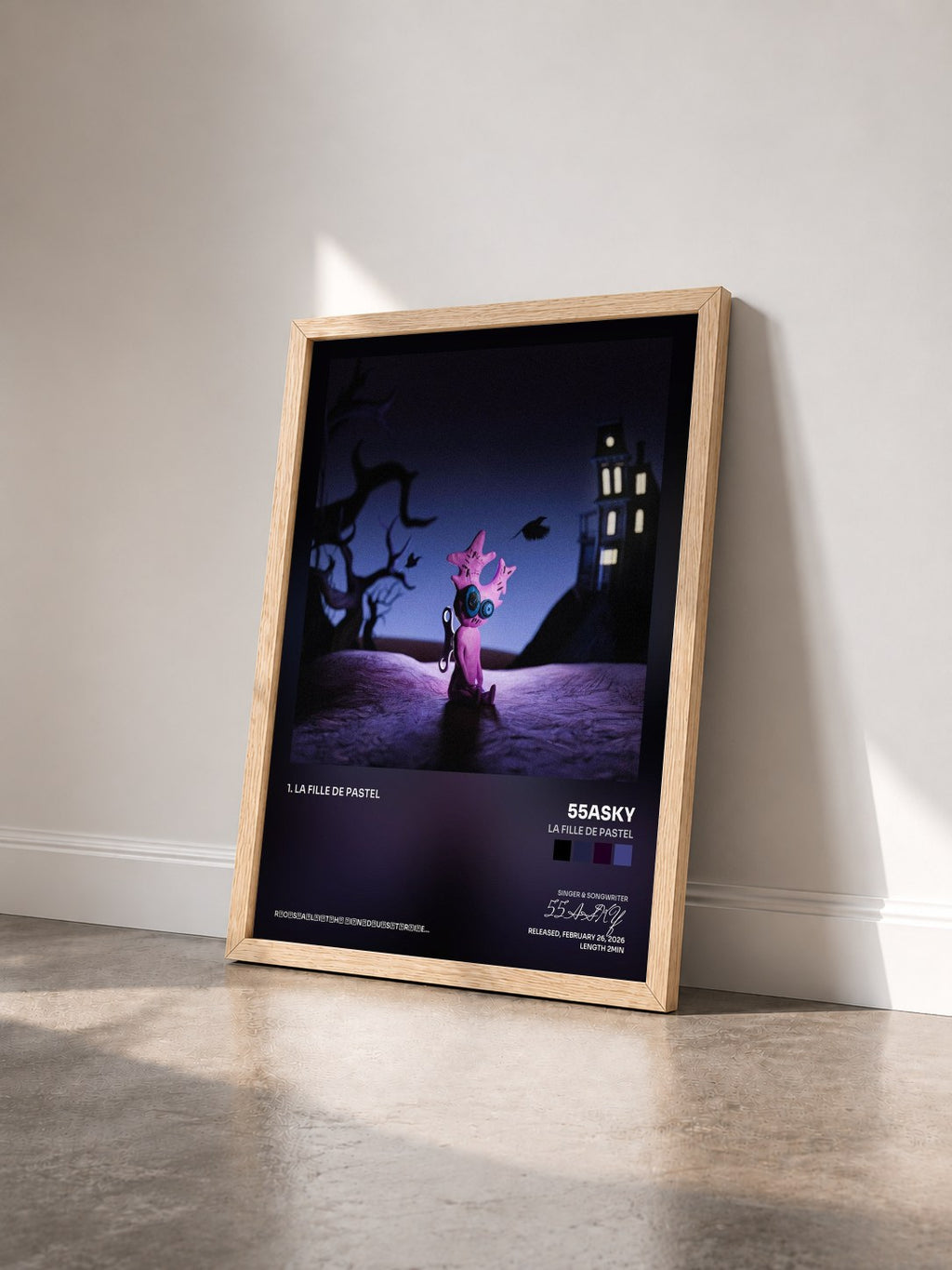 #bois Tableau de l'album La fille de Pastel de 55ASKY vu de trois quarts, cadre en bois brut