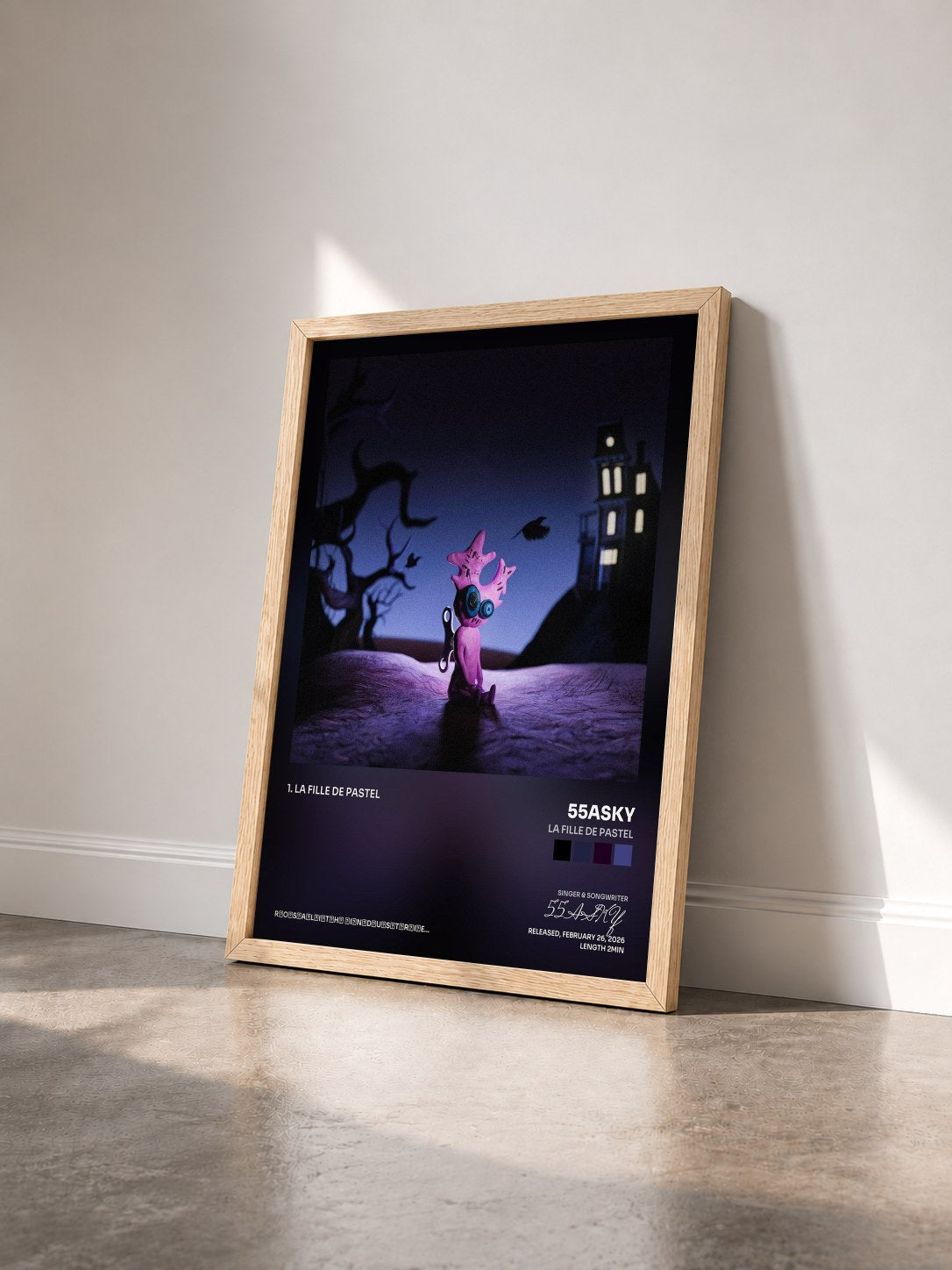 #bois Tableau de l'album La fille de Pastel de 55ASKY vu de trois quarts, cadre en bois brut