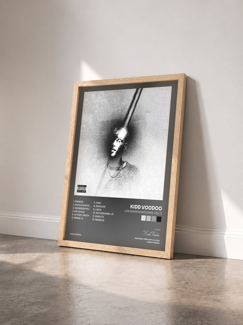 #bois Tableau de l'album Los Rompecorazones, Vol. 2 de Kidd Voodoo vu de trois quarts, cadre en bois brut