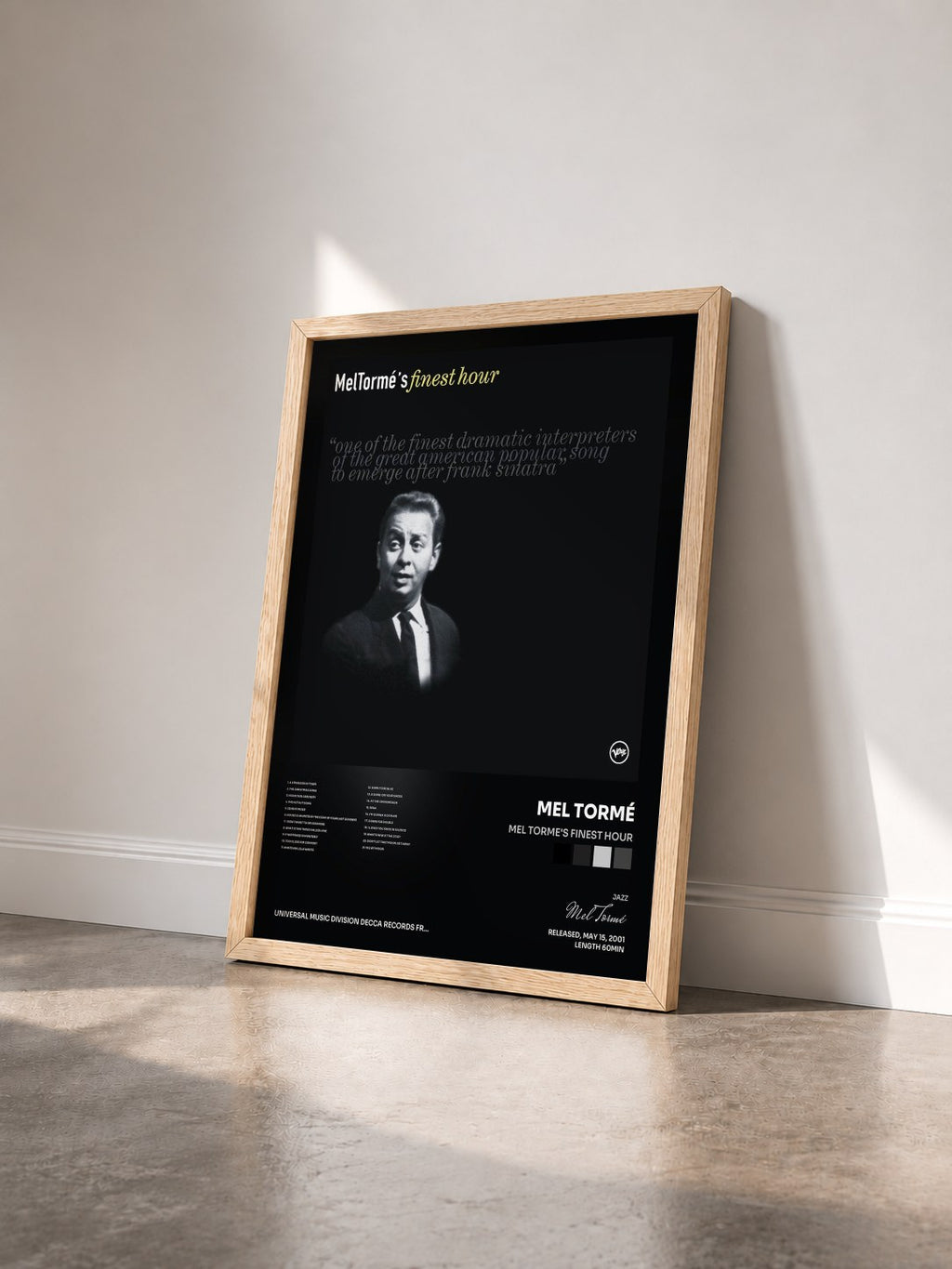 #bois Tableau de l'album Mel Torme's Finest Hour de Mel Tormé vu de trois quarts, cadre en bois brut