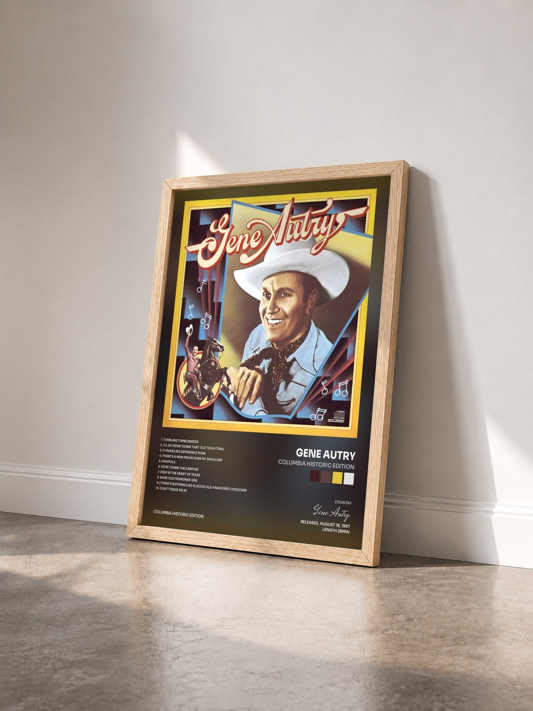 #bois Tableau de l'album Columbia Historic Edition de Gene Autry vu de trois quarts, cadre en bois brut