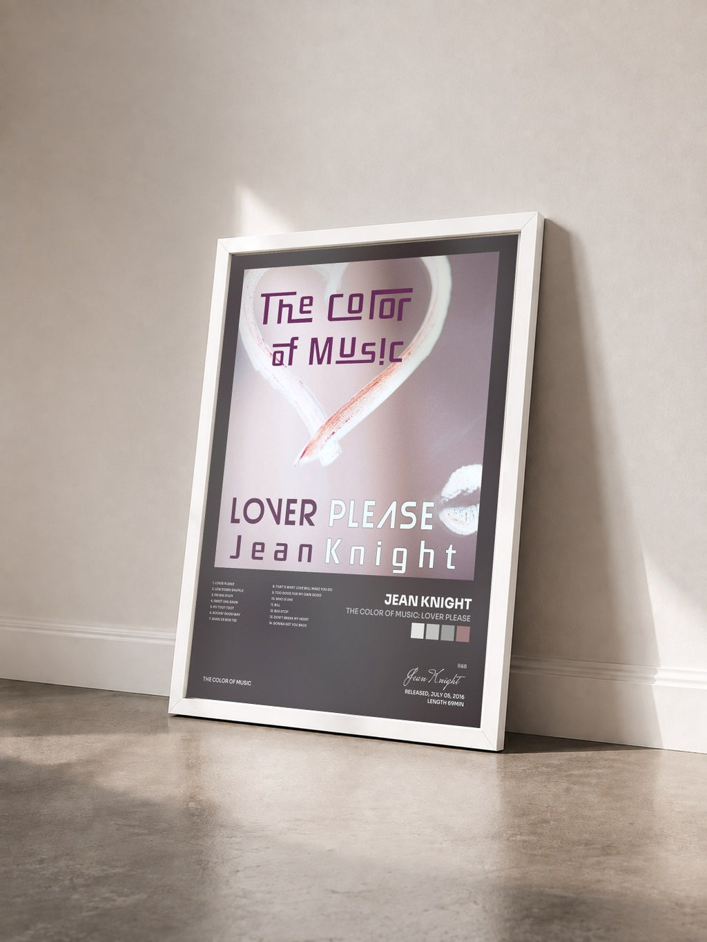 #blanc Tableau de l'album The Color of Music: Lover Please de Jean Knight vu de trois quarts, cadre blanc