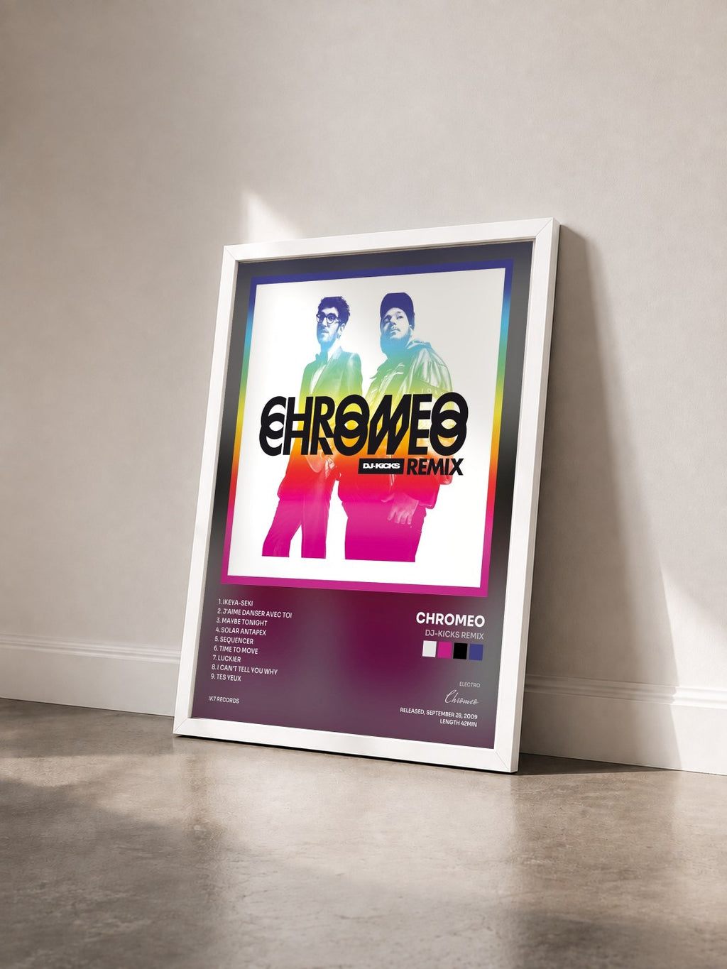 #blanc Tableau de l'album DJ-KiCKS Remix de Chromeo vu de trois quarts, cadre blanc