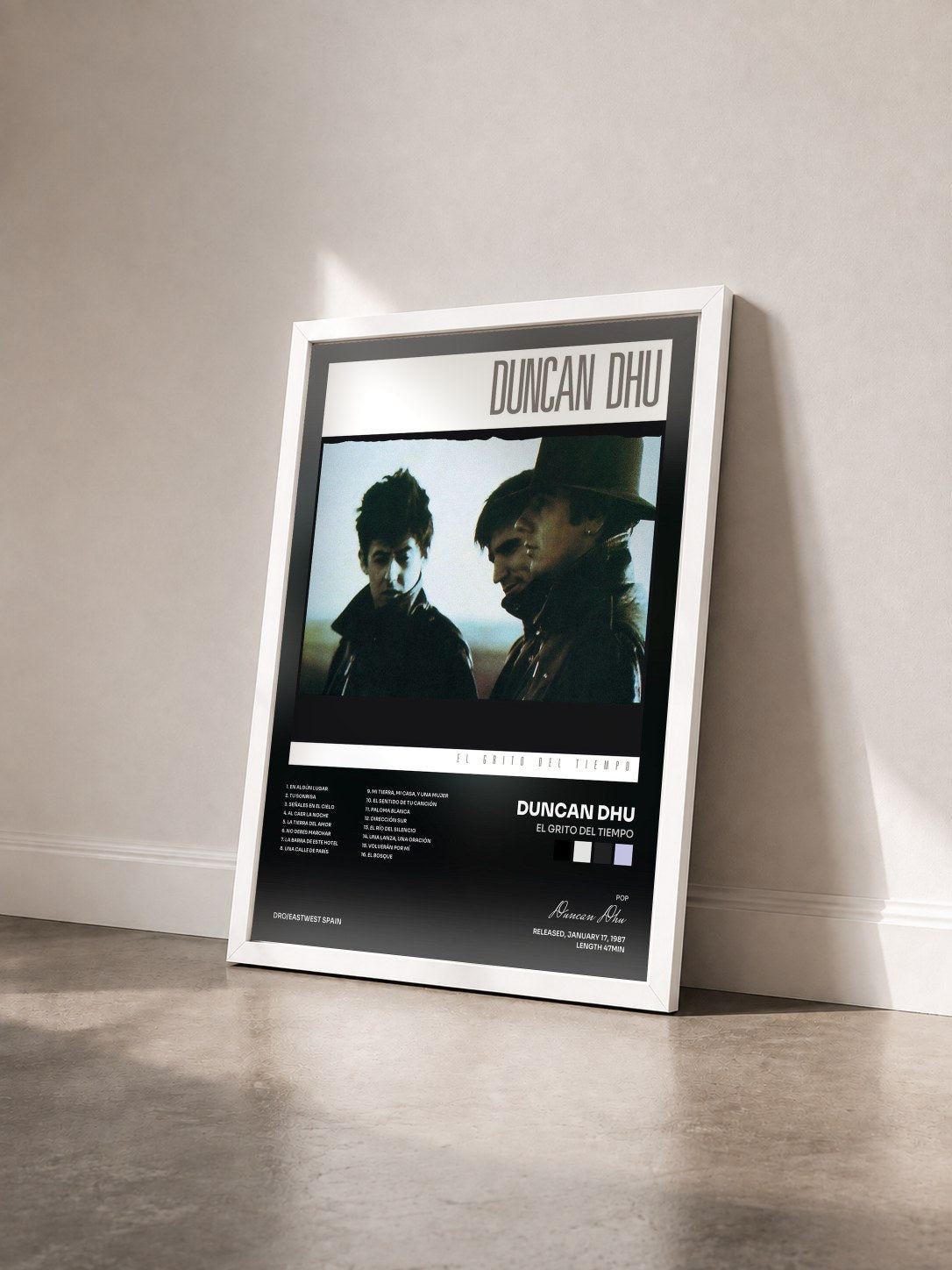 #blanc Tableau de l'album El Grito Del Tiempo de Duncan Dhu vu de trois quarts, cadre blanc