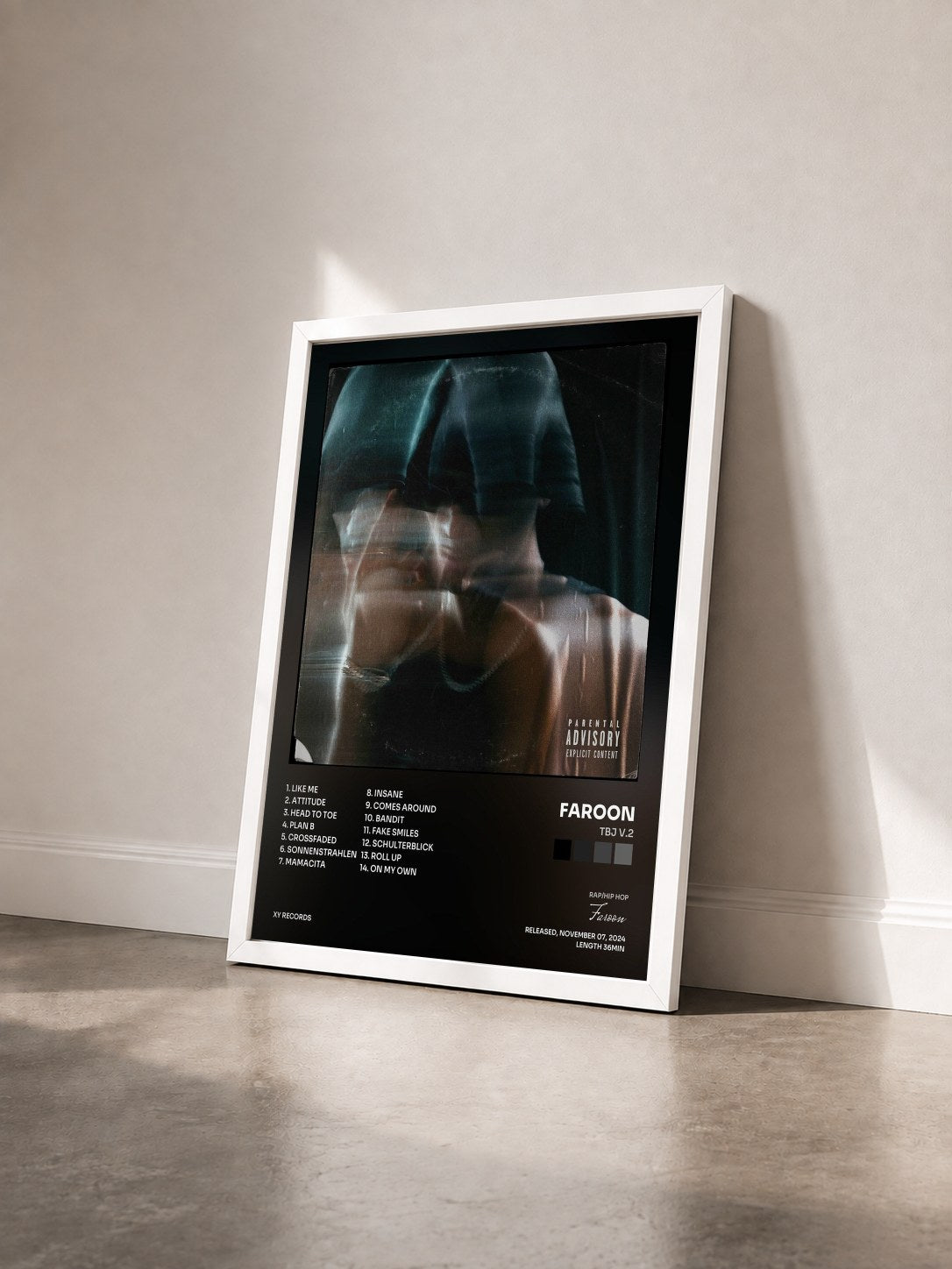 #blanc Tableau de l'album TBJ V.2 de Faroon vu de trois quarts, cadre blanc