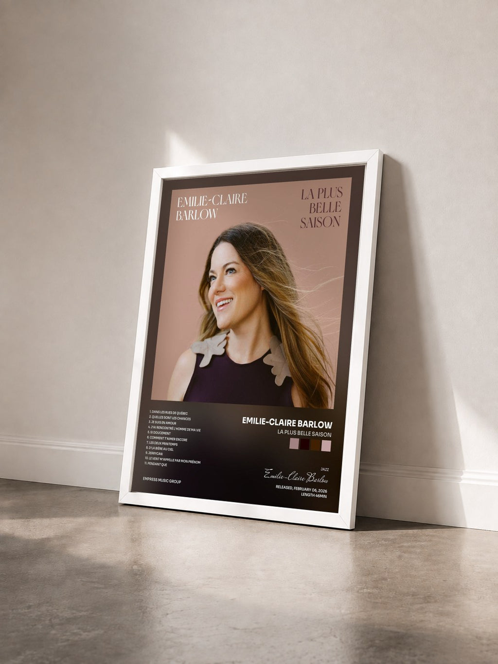 #blanc Tableau de l'album La plus belle saison de Emilie-Claire Barlow vu de trois quarts, cadre blanc