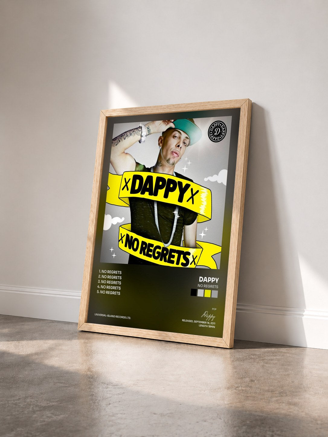 #bois Tableau de l'album No Regrets de Dappy vu de trois quarts, cadre en bois brut