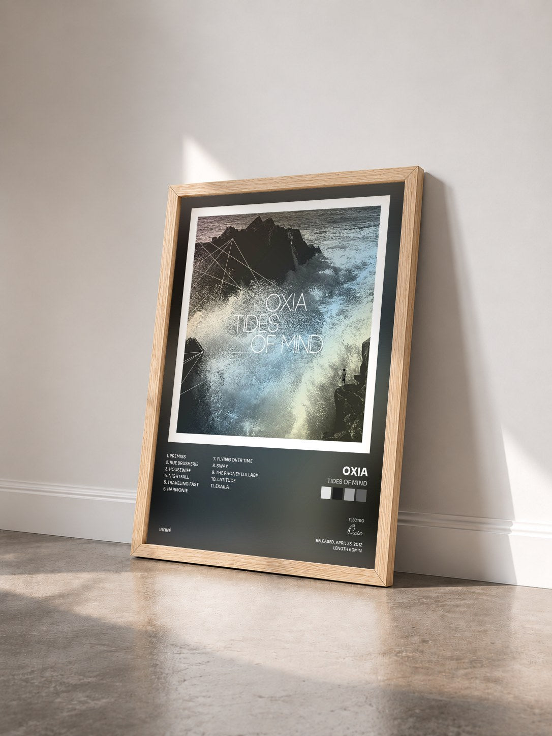 #bois Tableau de l'album Tides of Mind de Oxia vu de trois quarts, cadre en bois brut