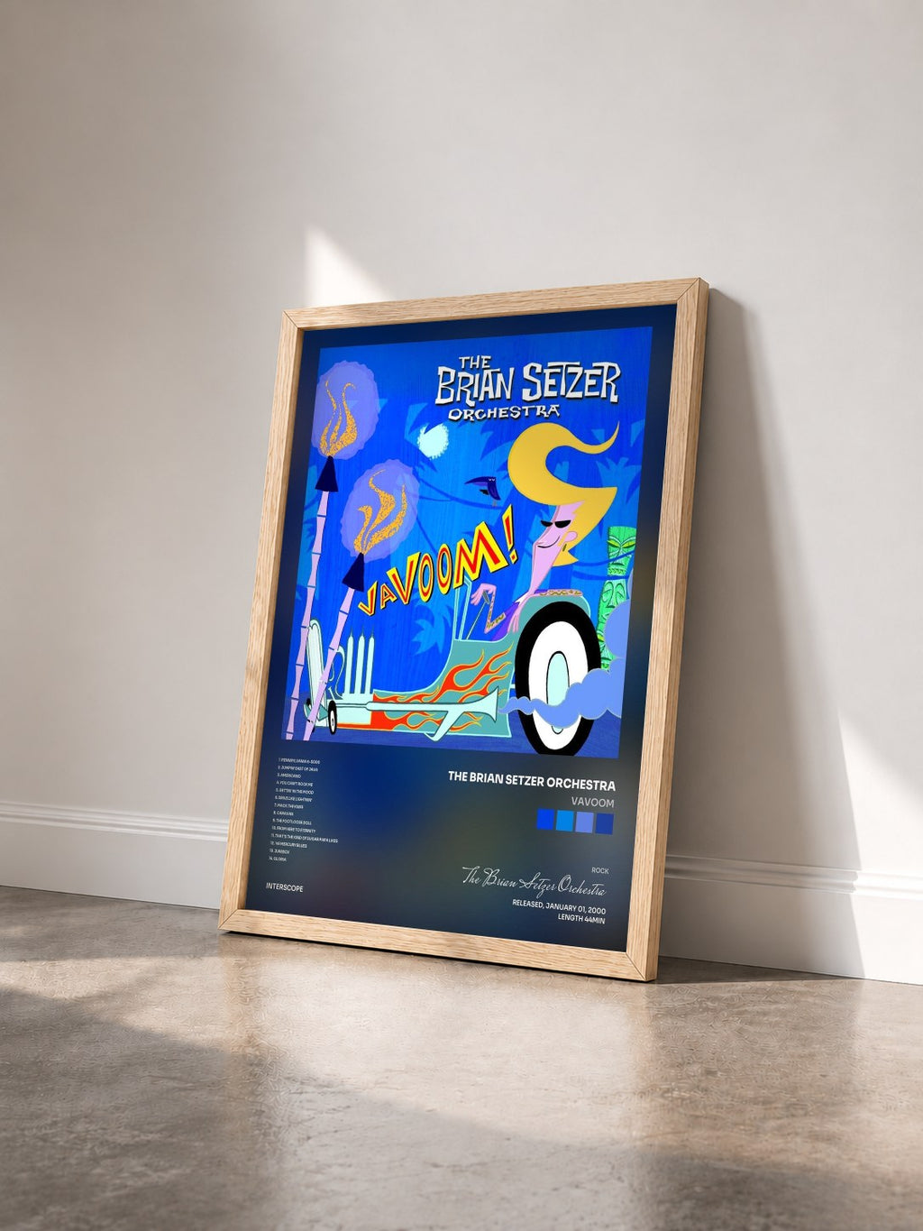 #bois Tableau de l'album Vavoom de The Brian Setzer Orchestra vu de trois quarts, cadre en bois brut